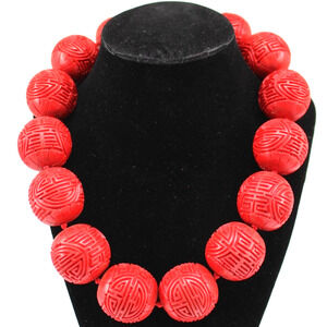 Giant 30mm Carved Red Cinnabar Bead Statement Necklace • Chinese • Silver Toggle